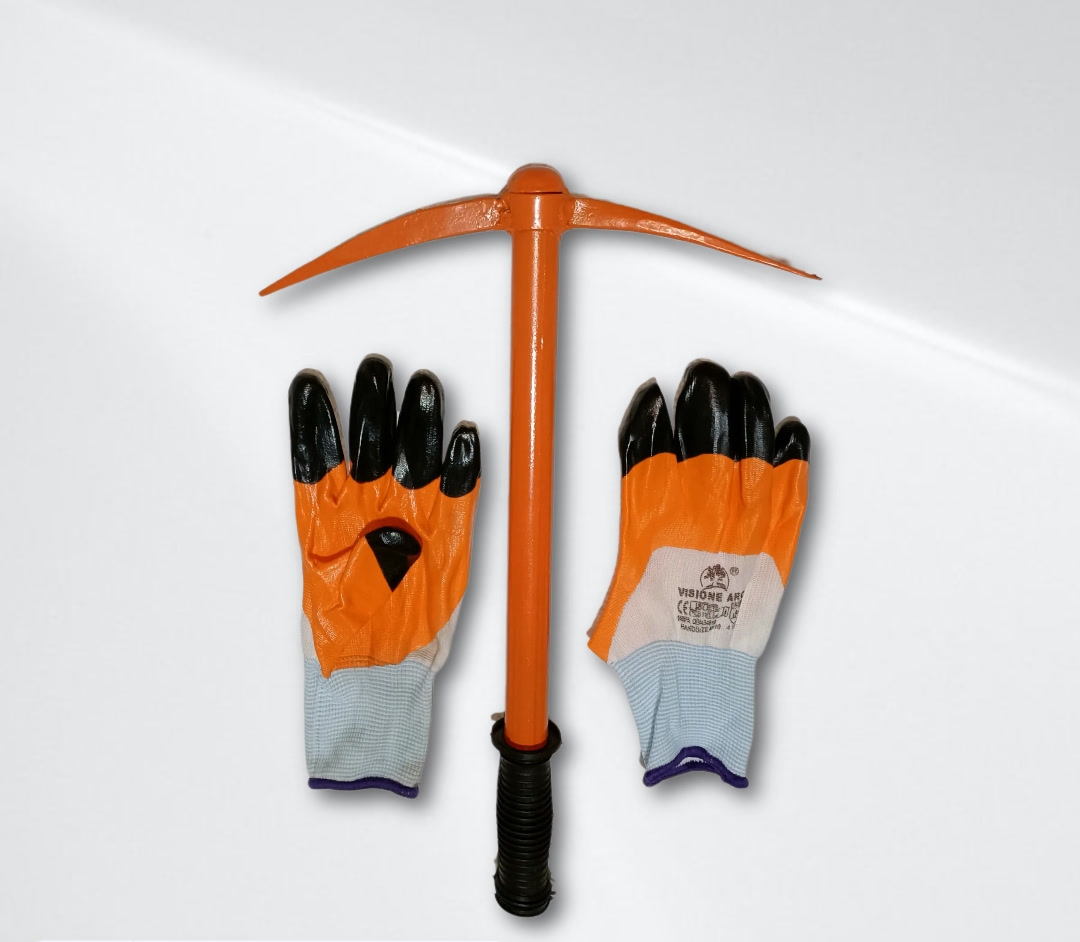 Garden Tiller, Pick Axe & Gardening Gloves
